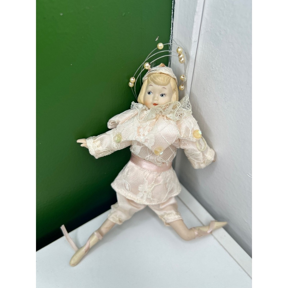 Vintage Porcelain Harlequin Clown Doll Pink Lace Jester Figurine Faux Pearls